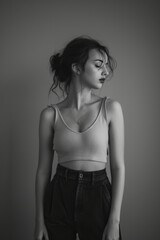 Naklejka premium With an air of elegance, a woman dressed in a chic modern outfit stands poised, her thoughtful expression and stylish attire reflecting a contemporary artistic vibe and deep personal style