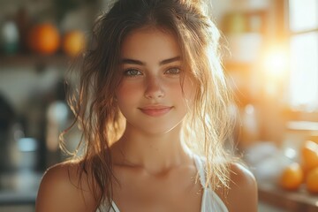 candid portrait of a young woman in a sunlit kitchen natural light illuminates her as she prepares a meal capturing everyday domestic bliss and lifestyle authenticity