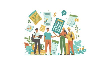 Salary Payment concept. Employee or workers are happy receive a monthly salary. People calculating money, flat vector modern illustration
