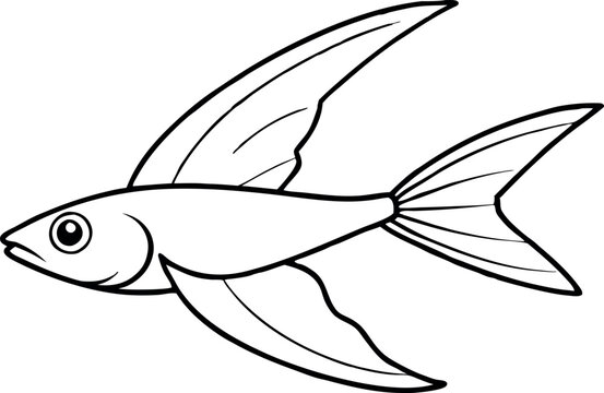 recommend clip art: Black And White Outline Drawing Of A Flying Fish With Detailed Fins And Simplified Features