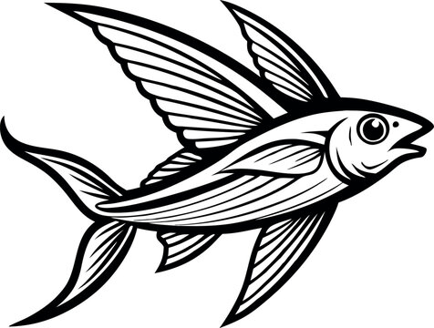 recommend clip art: Detailed Black and White Illustration of a Flying Fish with Extended Fins on a Plain Background