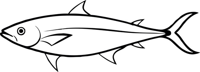 Black and White Outline Drawing of a Tuna Fish Illustration on White Background