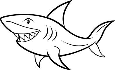 Black and White Cartoon Shark Illustration with Smiling Expression and Sharp Teeth