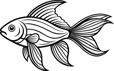 Intricate Black And White Illustration of a Fish with Flowing Fins on a Light Blue Background