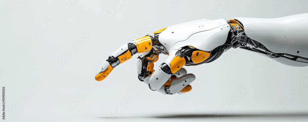 Aufkleber close-up of a robotic hand with yellow accents pointing forward, symbolizing advanced technology and