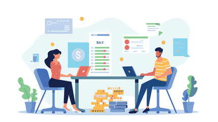 Salary Payment concept. Employee or workers are happy receive a monthly salary. People calculating money, flat vector modern illustration
