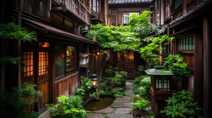 Fototapeta premium A tranquil Japanese courtyard showcases a gravel landscape with a stone path and wooden lanterns glowing softly, embodying serenity at night with a modern house