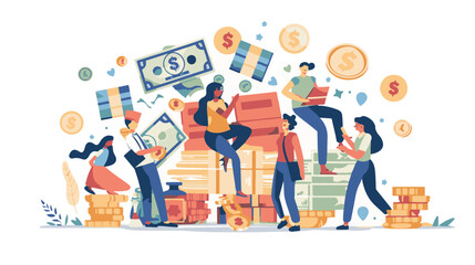 Salary Payment concept. Employee or workers are happy receive a monthly salary. People calculating money, flat vector modern illustration
