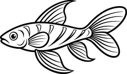 Black and White Fish Illustration With Fin and Stripe Details, Perfect for Coloring Books and Design Projects