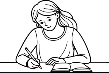 Illustration of a Young Woman Writing in a Notebook, Focused on Study and Learning