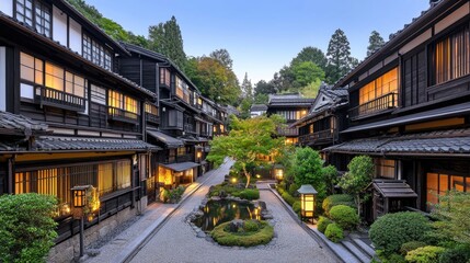 A tranquil Japanese courtyard showcases a gravel landscape with a stone path and wooden lanterns glowing softly, embodying serenity at night with a modern house