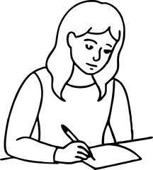 Illustration of Woman Writing on Paper at Desk in Simple Black and White Line Art Style