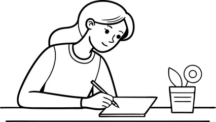 Illustration Of A Woman Writing At A Desk With A Plant For Creative And Educational Concepts
