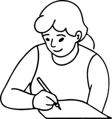 Illustration of a Woman Writing with a Pen on Paper Featuring Simple Line Art Design