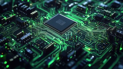 Obraz premium Circuit Board with Glowing Green Traces