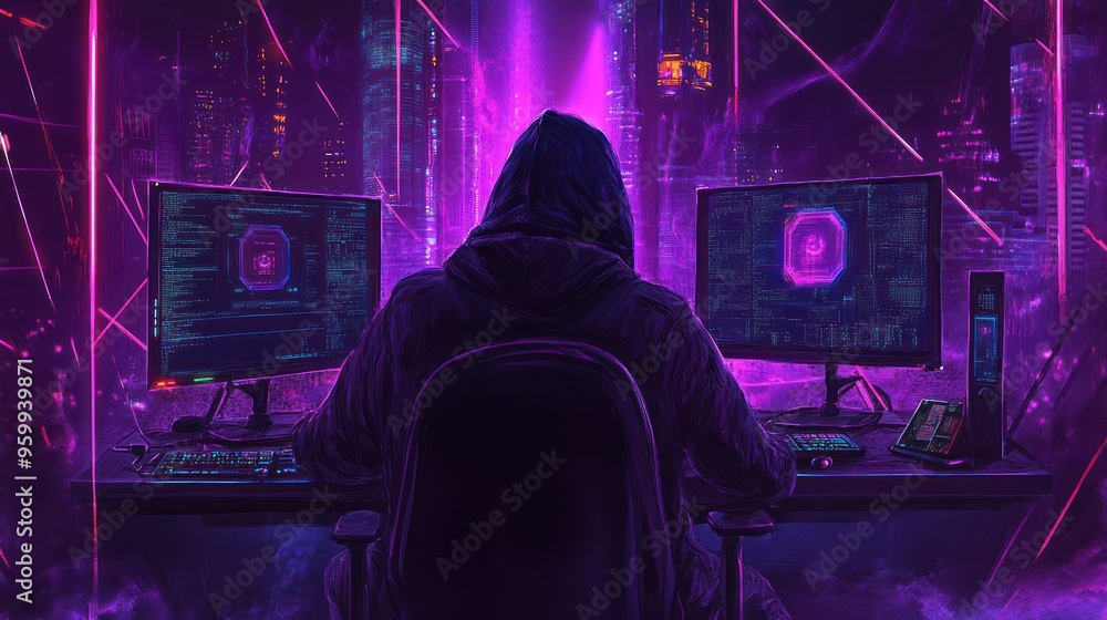 Poster cyberpunk hacker at work