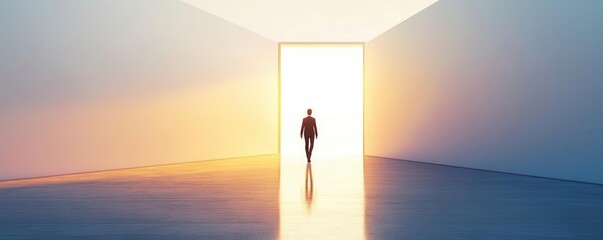 Person walking through an open door into a bright future, symbolizing new beginnings