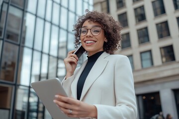 A professional businesswoman in an urban setting, showcasing her dedication, ambition, and success while confidently interacting in the vibrant cityscape, embodying modern leadership