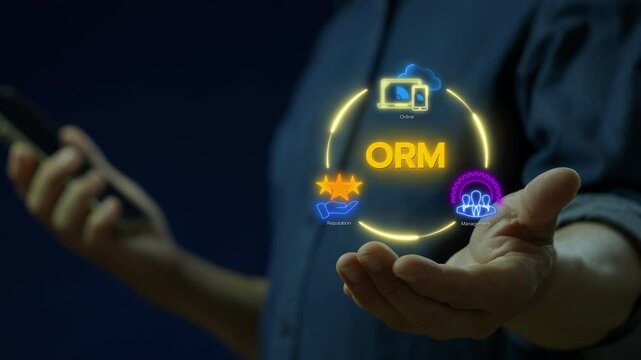 ORM, Online reputation management concept, monitoring and improving how your business is viewed online. Businessman shows glowing neon line of ORM icon on virtual screen.