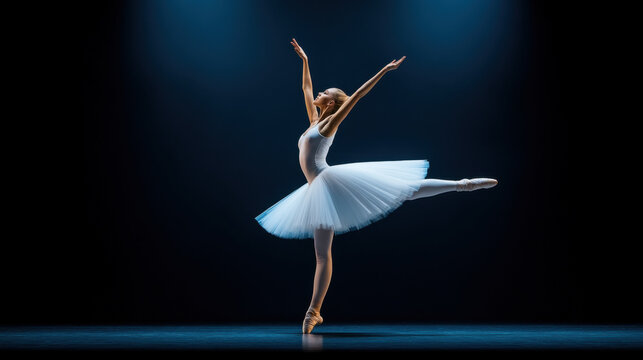 Ballet dancer in a white tutu executing a classical pose on stage under soft blue lighting, exuding elegance and precision.