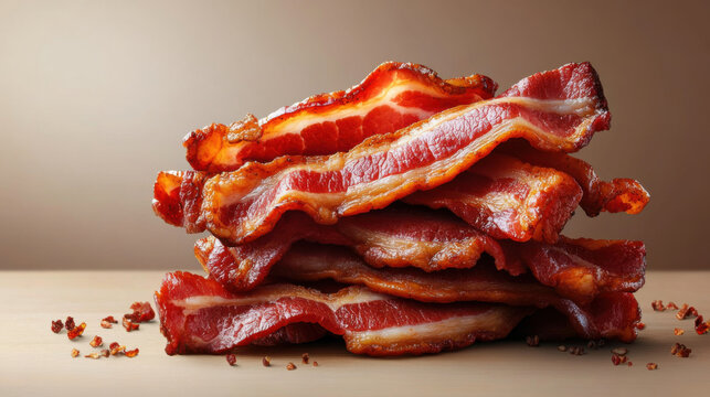 A mouthwatering stack of crispy, fried bacon slices arranged on a wooden surface.