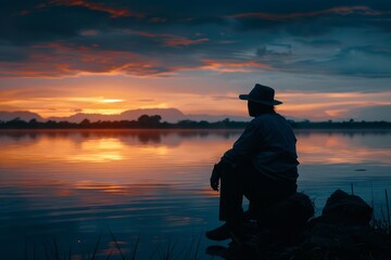 Gently illuminated by the rising sun, a solitary fisherman sits by the tranquil waters, immersed in thought as nature awakens around him in serene beauty