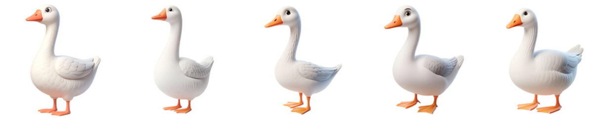 Set of 3D rendered illustration cartoon Goose isolated on white and Transparent Background 