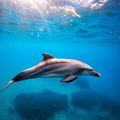 Fototapeta premium Dolphin view in depth of sea; clear turquoise waters
