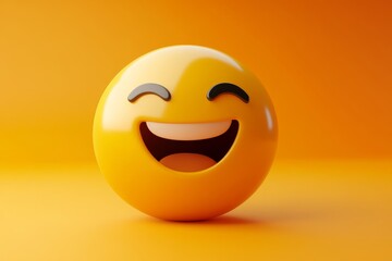 Fototapeta premium 3D illustration of a yellow laughing emoji with closed eyes, an open mouth, and a orange background
