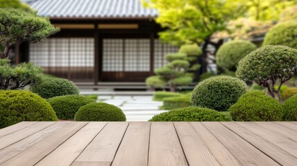 A tranquil Japanese garden showcases vibrant green trees and shrubs with a wooden table inviting visitors to relax and enjoy nature's beauty