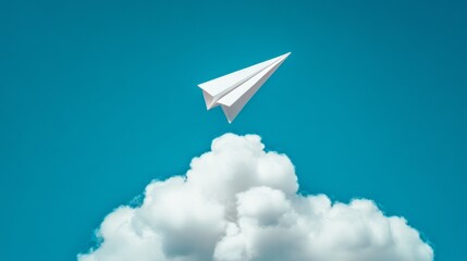 Paper Airplane Soaring Above Cotton Clouds in a Blue Sky