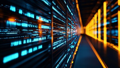 A glowing, tech-integrated warehouse with data streams, side view, illustrating the future of distribution networks, digital tone, Tetradic color scheme