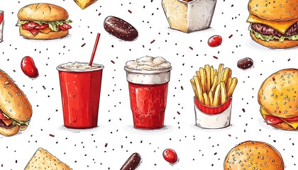 Seamless pattern with hand drawn fast food elements.