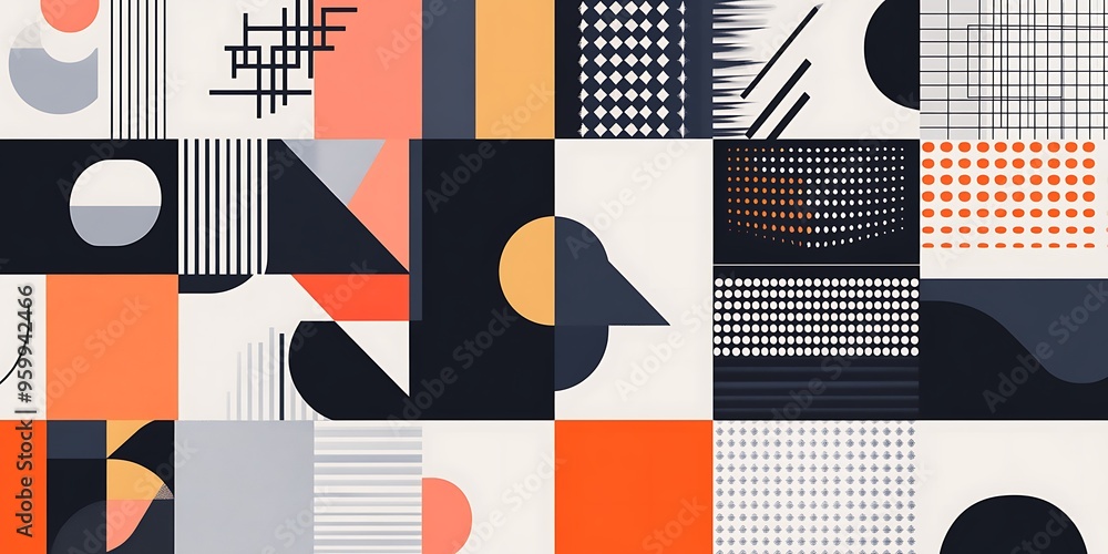 Poster minimalist geometric patterns featuring clean, sharp lines and abstract shapes in monochrome and pas