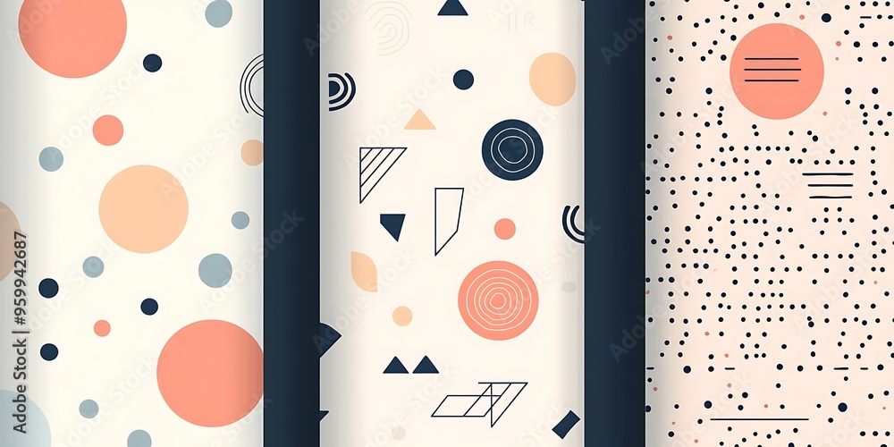 Poster minimalist geometric patterns featuring clean, sharp lines and abstract shapes in monochrome and pas