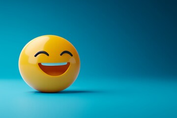 Fototapeta premium 3D Rendering, Happy Yellow Emoji with a Wide Smile Isolated on a Minimalist Blue Background