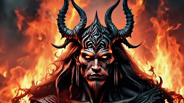 powerful demonic figure with glowing eyes, large horns, and fiery flames in the background, exuding a menacing and dark fantasy aura