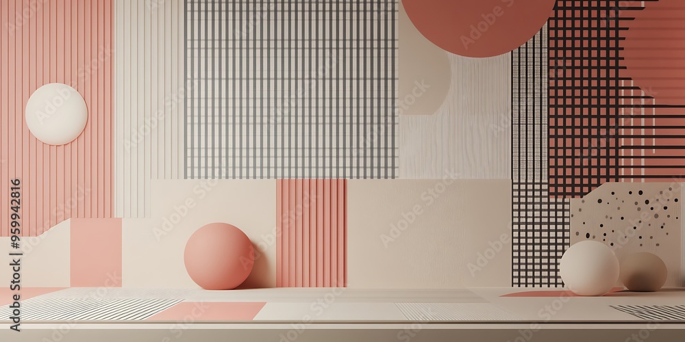 Poster minimalist geometric patterns featuring clean, sharp lines and abstract shapes in monochrome and pas