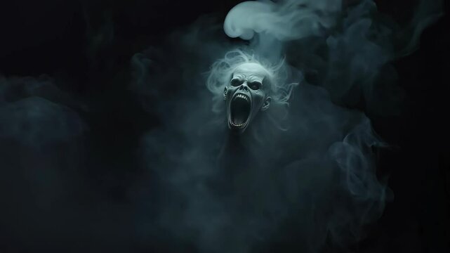 A mysterious figure emerges from swirling mist in an eerie setting, horror face screaming ghost