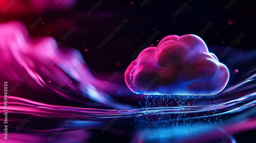 Poster digital cloud with data streams flowing to virtual storage, top view, symbolizing cloud data integra