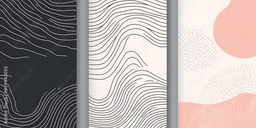 Poster minimalist geometric patterns featuring clean, sharp lines and abstract shapes in monochrome and pas
