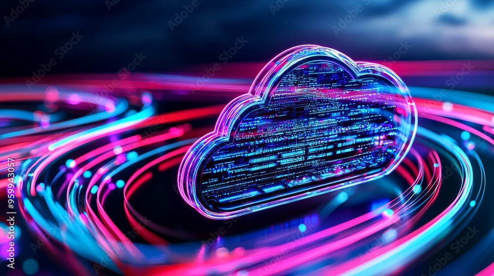 Poster digital cloud with data streams flowing to virtual storage, top view, symbolizing cloud data integra