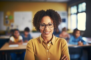 Fototapeta premium Smiling portrait of a young black female teacher in classroom