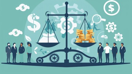 Stylized representation of economic balance, featuring a large scale with money, gears, and people, symbolizing the balance between economic factors and human aspects