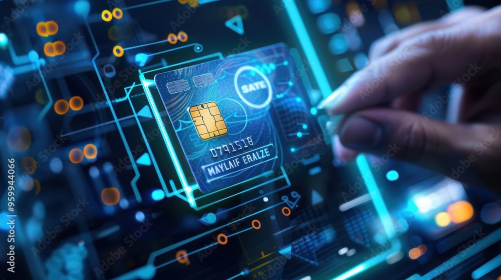 Poster futuristic credit card being used on a high-tech interface, possibly for a transaction or data trans