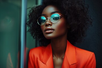 A fashionable dark-skinned lady on a magazine cover. A stylish African American woman in a sharp blazer. Businesswoman in a glossy magazine.