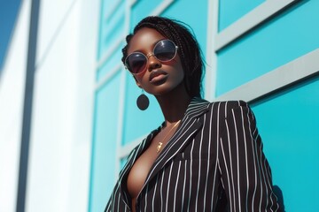 A fashionable dark-skinned lady on a magazine cover. A stylish African American woman in a sharp blazer. Businesswoman in a glossy magazine.