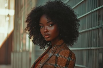 A fashionable dark-skinned lady on a magazine cover. A stylish African American woman in a sharp blazer. Businesswoman in a glossy magazine.
