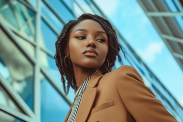 A fashionable dark-skinned lady on a magazine cover. A stylish African American woman in a sharp blazer. Businesswoman in a glossy magazine.
