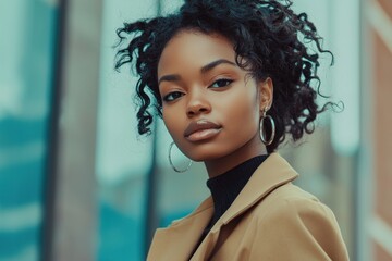 A fashionable dark-skinned lady on a magazine cover. A stylish African American woman in a sharp blazer. Businesswoman in a glossy magazine.
